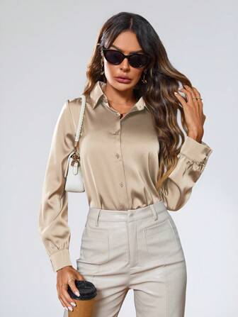 SHEIN Privé 纯色纽扣长袖衬衫节日派对服装女士纽扣衬衫