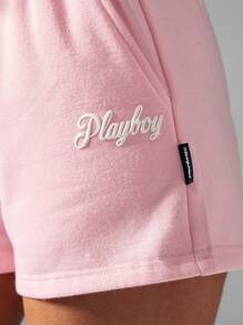 Missguided x Playboy Hochtaillierte atmungsaktive Lounge Sweat Shorts mit Doppel-Hasen-Logo, Kordelzug, elastischem Bund, perfekt für Indoor-Workouts, Tanz-Training, Sommer-Gym