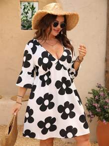 SHEIN Clasi Plus Size V-Neck Long Sleeve Simple Fashion Dress, Suitable For Summer - Multicolor - View 5