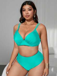 SHEIN Swim Curve 1set Plus Size Women's Solid Color Push Up Halter Top & High Waisted Bikini Bottom Swimsuit, Adjustable Strap, Elegant, Fashionable, Sexy, Suitable For Casual, Beach, Swimming For Summer Beach Vacation - Green - View 5