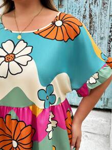 SHEIN CURVE+ Plus Size Colorblock & Floral Print Button-Up Shirt, Summerbeach Outfits For Woman/Beach Dress/Beach Vacation Outfits/Beach Essentials / Graduation/Tea Party Dress