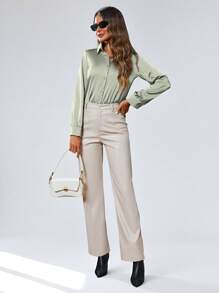 SHEIN Privé 纯色休闲长袖衬衫节日派对服装纽扣衬衫女士 - 綠色 - 查看 3