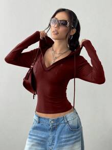 StreetHx Minimal V-Neck Hooded Sweatshirt, Versatile & Fashionable Summer Wear,Graduation,Teacher,Back To School Pullover Fall - Burgundy - View 3