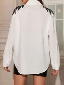 SHEIN Privé Color Block Buttoned Long Sleeve Shirt With Beaded Accents Button Up Shirt Women 
