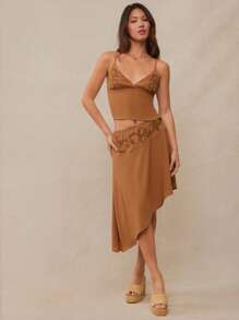 WESTFADE Western Country Cowgirl Matching Outfit Floral Embroidered Chiffon Fitted Cute Bow Tie Back Cut Out Cami Top & Low Rise Elasticized Waist Asymmetrical Midi Skirt Two Pieces Spring Summer Set - Brown - View 3