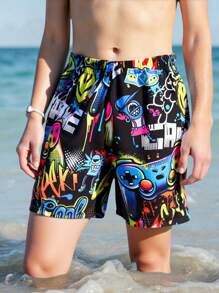 SHEIN Young Boy Casual Street Game Console Graffiti Pattern Swim Trunks, Beach Shorts, Swimwear For Beach, Swimming, Surfing