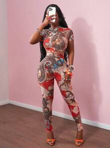 Slaydiva New Spring And Summer Street Music Festival Sexy Small Stand-Up Collar Short-Sleeved Slim Trousers See-Through Full-Frame Dragon Pattern Printed Mesh Women's Tight Jumpsuit-B