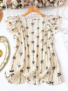 SHEIN LUNE Camicetta oversize da donna con scollo a V, maniche a palloncino e motivo a fiocchi, outfit da vacanza e da spiaggia, adatta per donna, festival