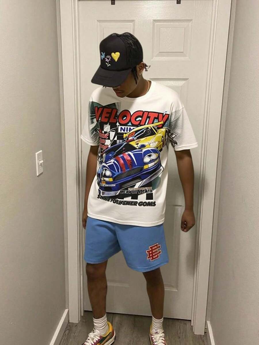 1 Piece Tween Boy Casual Sports College Street White T-Shirt With Graffiti Racing Pattern Suitable For Back To School Boys Suitable For Birthday Parties, Evening Parties, Performances, Weddings, Baptisms, Opening Ceremonies Daily Suitable For Daily Use Suitable For School Suitable For Travel Suitable For Sports Suitable For Spring And Summer Seasons