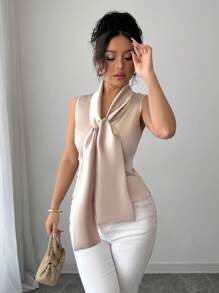 Elenzga New Satin Collar Slim Fit Sleeveless Women Tank Top - Champagne - View 4