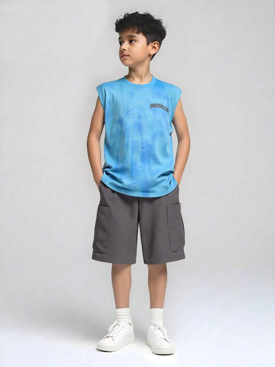 SHEIN 1 Juego, Camiseta de tirantes informal con efecto tie-dye y pantalones cortos de cargo con bolsillos grandes para niños de verano - Multicolor - Ver 1