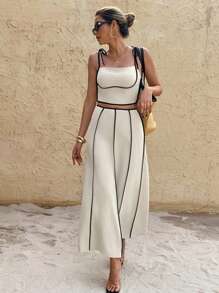 SHEIN Frenchy Bộ đồ hai mảnh màu mơ thường ngày dành cho nữ, áo hai dây và váy, mặc hàng ngày, đồ mặc đi làm, trang phục mùa hè cho nữ, bộ đồ hai mảnh dành cho nữ, bộ đồ 2 mảnh, trang phục đi nghỉ cho nữ, trang phục đi biển cho nữ, bộ quần áo cho nữ, trang phục đi nghỉ trên đảo - Màu be - Xem 3