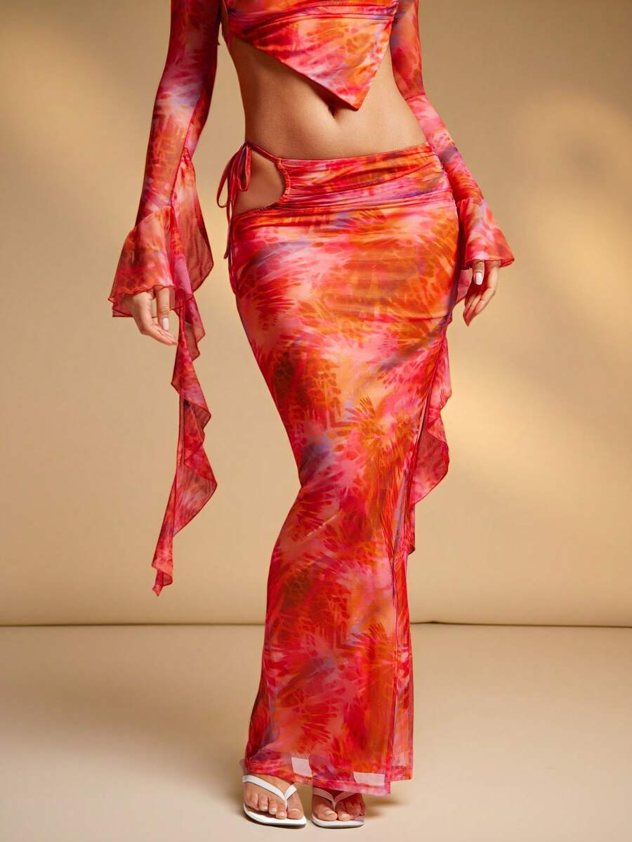 Hauture Vacation Resort Abstract Tropical Print Cut Out Maxi Skirt - Multicolor - View 1