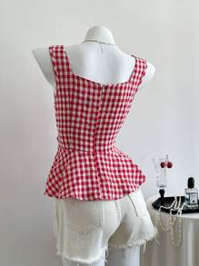 Elamini 甜美风格格子蝴蝶结腰部设计修身背心，女士夏季 - 紅色 - 查看 2