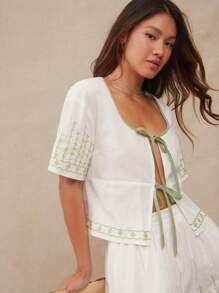 WESTFADE Summer Floral Mixed Embroidered Round Neck Cute Bow Tie Front Contrast Trim Short Sleeve Relaxed Country Western Cowgirl Top - Multicolor - View 1