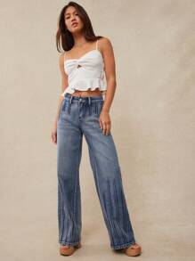 WESTFADE Mid Rise Relaxed Straight Leg Country Western Denim Pintuck Jeans For Spring Summer Women - Medium Wash - View 1