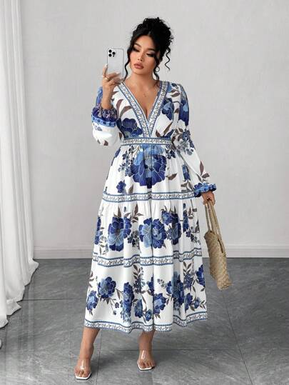 Elenzga Vestido de playa de talla grande para mujer, con escote en V, cintura ceñida y estampado elegante y vintage, adecuado para vacaciones, la playa y talla grande