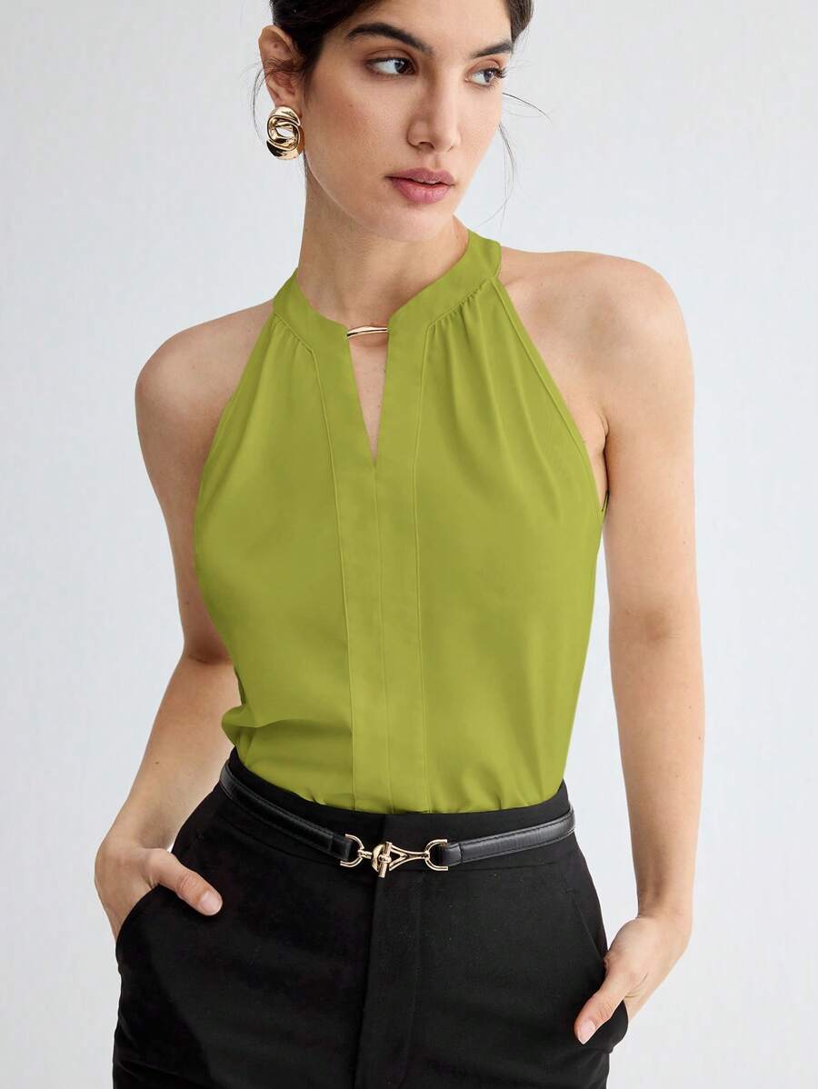 BizChic Olive Green Summer Elegant Office Halter Neck Tank Top,Solid Color Keyhole Neck Versatile Commuting 90s Retro Wedding Guest Party Fashion - Green - View 1