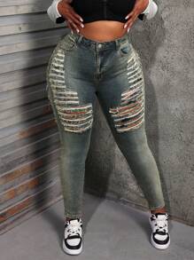 Slaydiva Plus Size Women's Jeans Sexy Skinny Stretch Ripped Blue Jeans Women Tights Denim Jeans Women Tights Petite Women Pants Petite Women Pants Summer Women Clothes Ripped Women Jeans Women Tights - Dark Wash - View 3