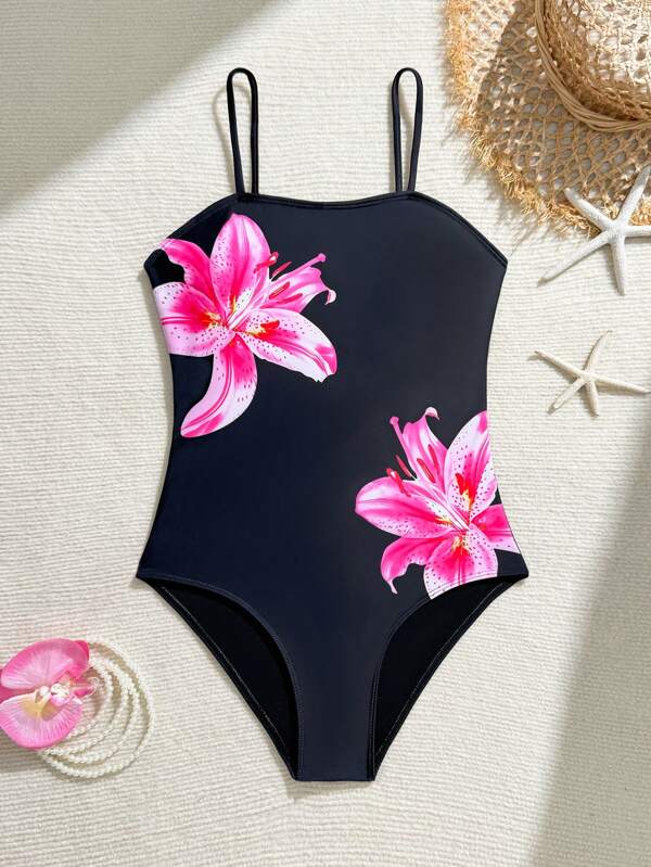 Maillot de bain une pièce pour adolescente, motif à deux fleurs, élégant et à la mode, idéal pour la natation, les vacances et l'été.