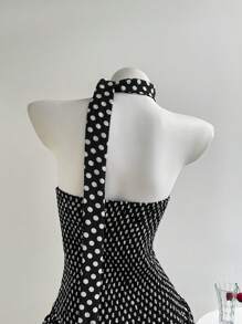 Elamini 女士优雅波尔卡圆点印花露背吊带连衣裙，夏季 - 黑色 - 查看 4