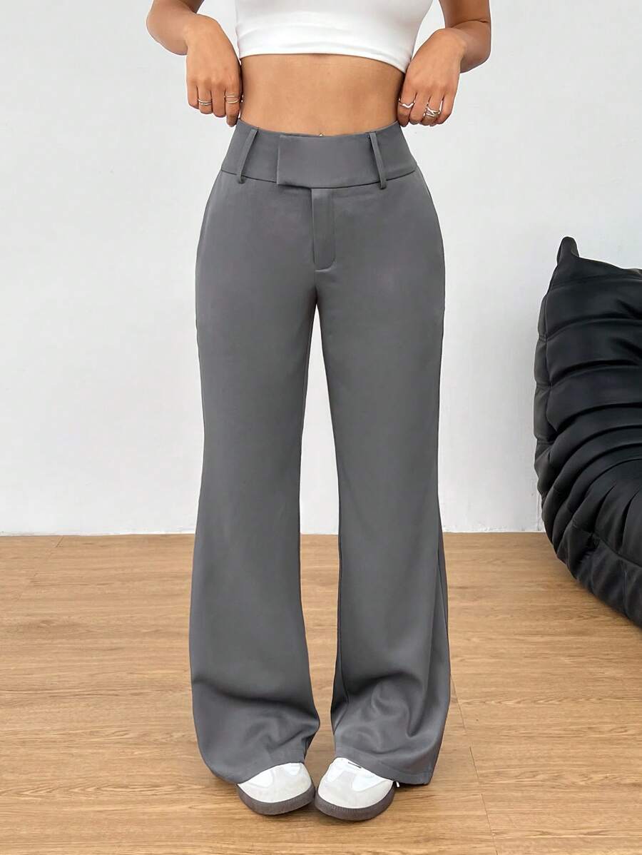 SHEIN EZwear 女士宽腰带夏季西装裤，时尚 - 灰色 - 查看 1