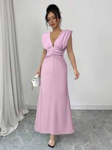 Elenzga Vestido de cóctel elegante y de alta gama para mujer con nuevo diseño de moda, sexy contraste de color negro y blanco, escote en V profundo, sin mangas, cintura fruncida y silueta esbelta en línea A