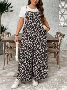 SHEIN LUNE Plus Size Women's Casual Ditsy Floral Jumpsuit With Spaghetti Straps American Flag USA 4th Of July Outfits Th Of July / Red White Blue Graduation Outfit