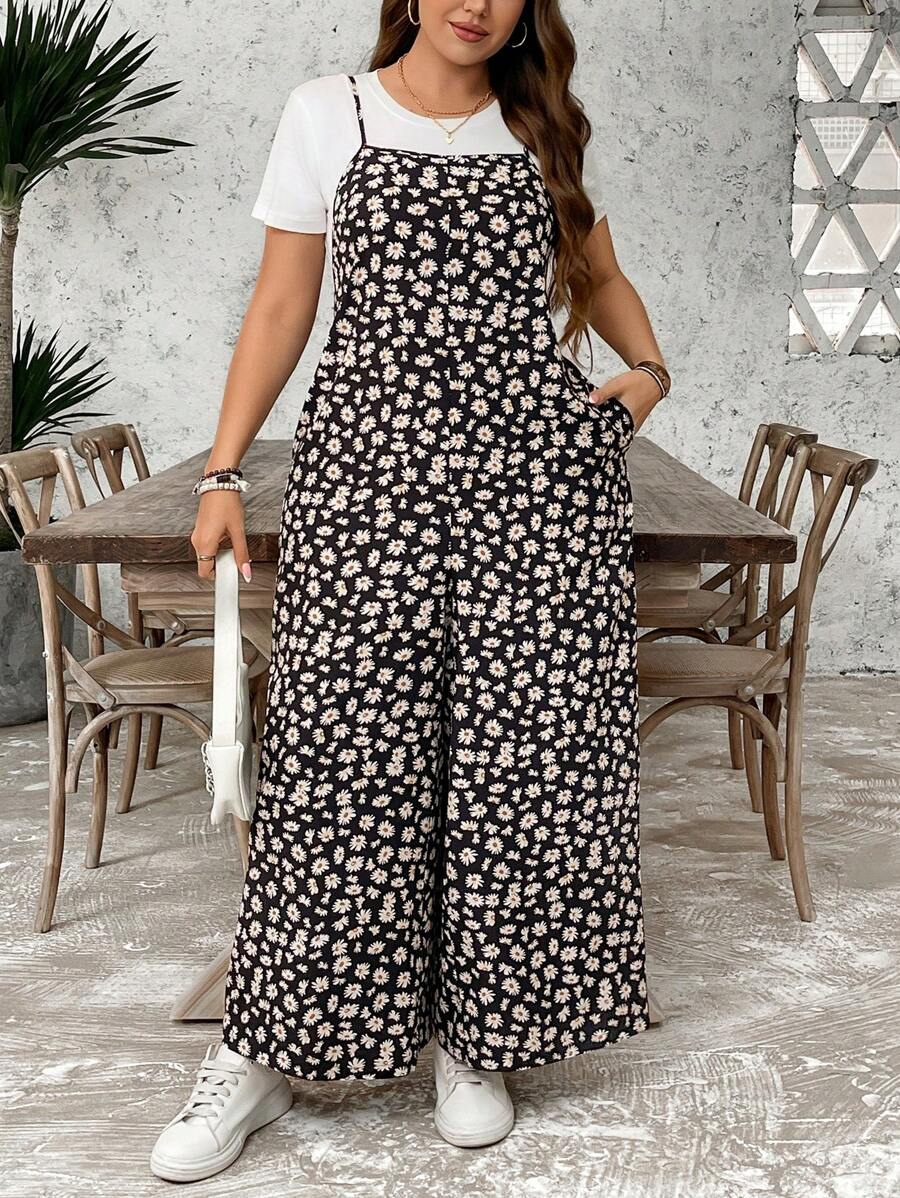 SHEIN LUNE Plus Size Women's Casual Ditsy Floral Jumpsuit With Spaghetti Straps American Flag USA 4th Of July Outfits Th Of July / Red White Blue Graduation Outfit