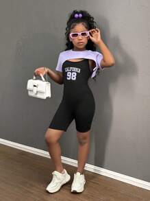 SHEIN Tween Girls Loose Short T-Shirt + Tight Jumpsuit 2pcs Set, Number Printed, Casual Daily Wear