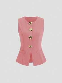 Sweetra Plus Size Sleeveless Casual/Work Gold Button Front Thin Blazer, Spring/Summer Summer Tops Graduation,Back To School,Teacher Outfits For Women - Dusty Pink - View 2