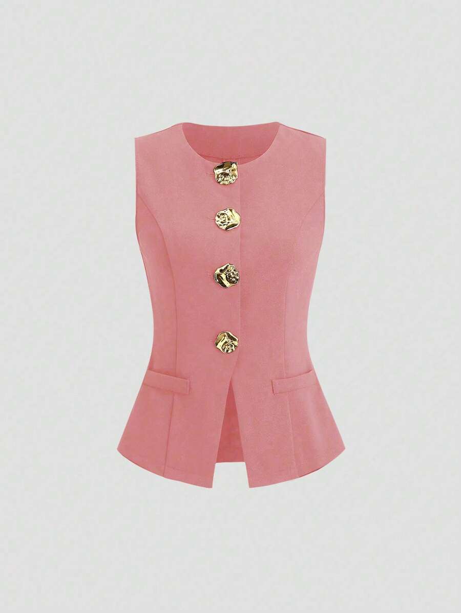 Sweetra Plus Size Sleeveless Casual/Work Gold Button Front Thin Blazer, Spring/Summer Summer Tops Graduation,Back To School,Teacher Outfits For Women