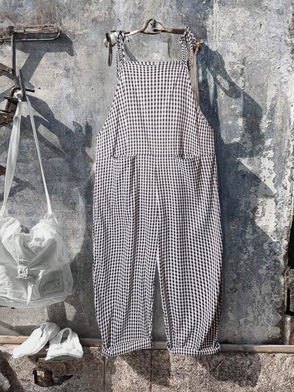Linhara Plus Size Plaid Suspender Jumpsuit, Minimalist And Fashionable, Suitable For Summer