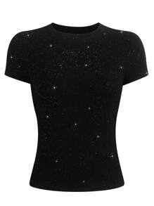 Women's Glitter Fitted Crew Neck T-Shirt - Black - View 3