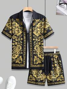 Manfinity Homme Conjunto de camisa de manga corta con estampado todo sobre y pantalones cortos con cordón en la cintura para hombres de talla grande