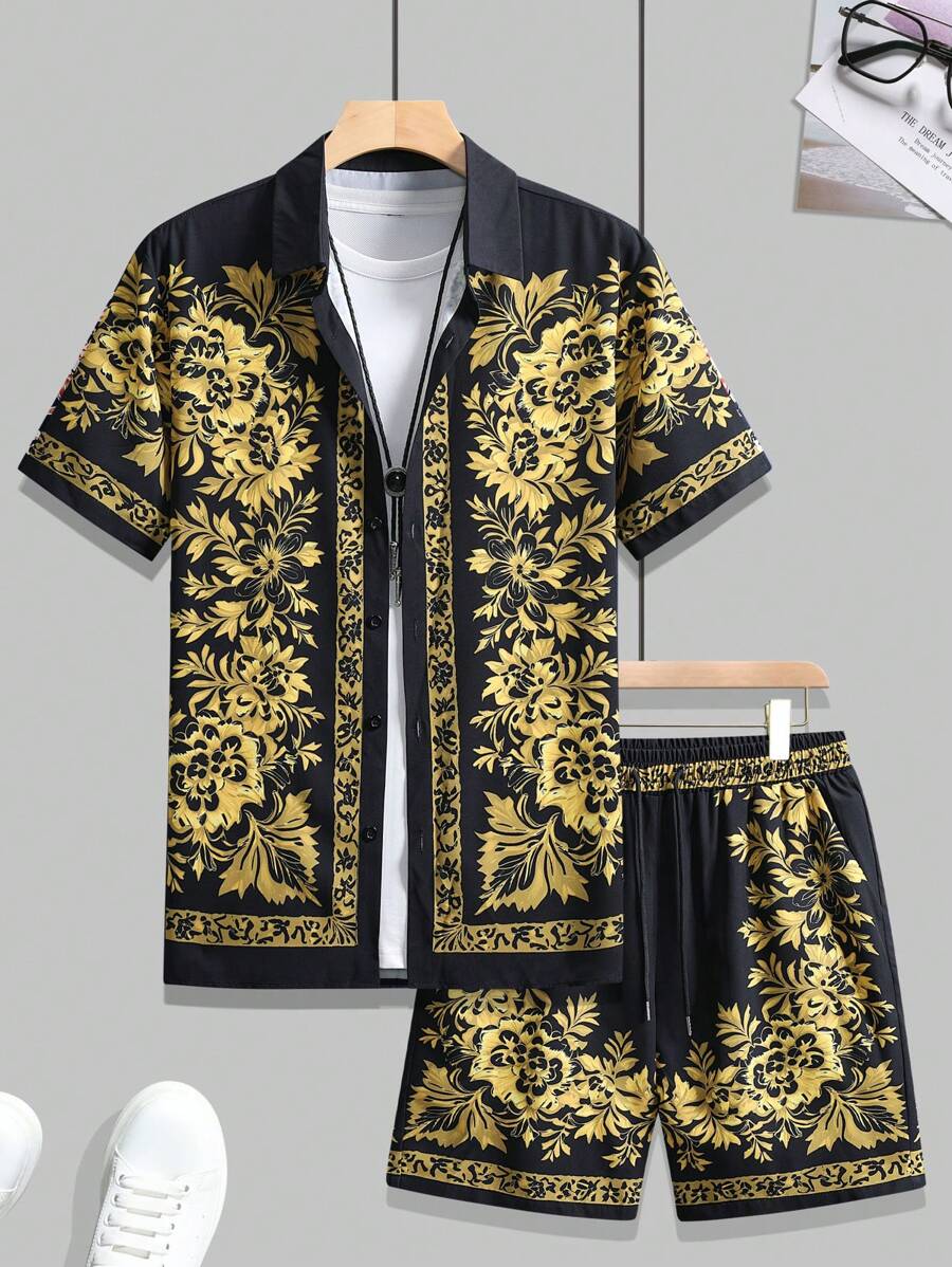 Manfinity Homme Conjunto de camisa de manga corta con estampado todo sobre y pantalones cortos con cordón en la cintura para hombres de talla grande