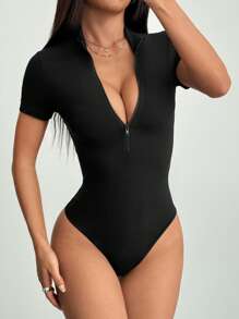 StreetHx 2pcs Black & White Half-Zip Mock Neck Short Sleeve Bodysuit, High Stretch Soft Fabric, Minimalist Design, Casual Sports Everyday Wear For Women, Spring/Summer - Multicolor - View 4