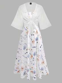 Franclia Plus Size Women Ditsy Floral Chiffon Dress And Elegant Two Pieces Set, Summer