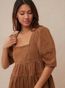 WESTFADE 西部牛仔风格方领半袖层叠荷叶边牛仔迷你娃娃裙春夏乡村音乐会服装