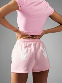 Missguided x Playboy Hochtaillierte atmungsaktive Lounge Sweat Shorts mit Doppel-Hasen-Logo, Kordelzug, elastischem Bund, perfekt für Indoor-Workouts, Tanz-Training, Sommer-Gym