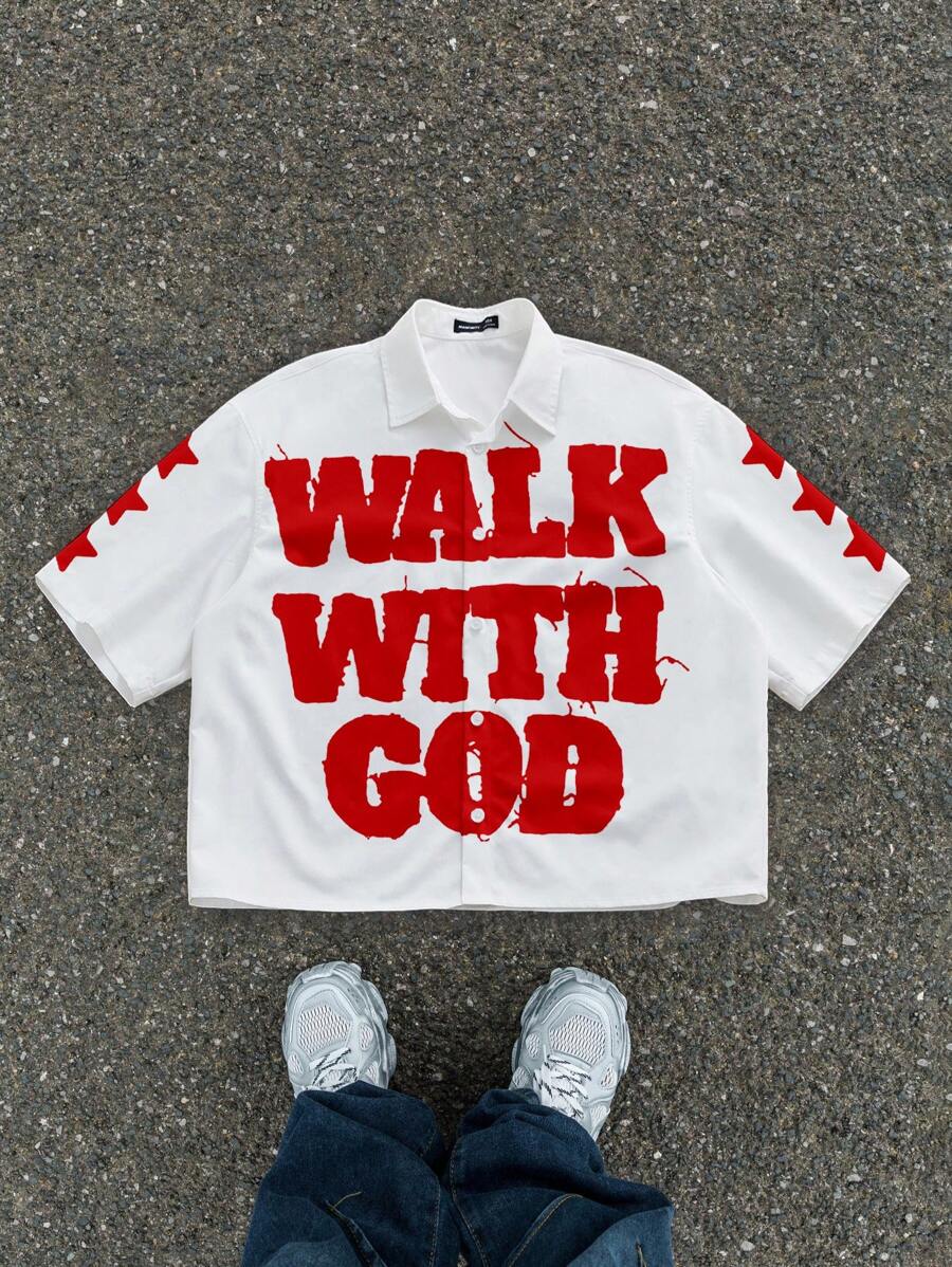 Manfinity ZONE917 夏季男士休闲标语印花衬衫 - 白色 - 查看 1