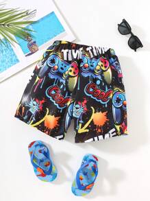 SHEIN Young Boy Casual Street Game Console Graffiti Pattern Swim Trunks, Beach Shorts, Swimwear For Beach, Swimming, Surfing