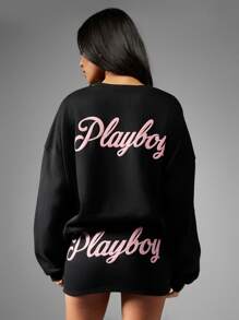 Missguided x Playboy 超大羊毛衫 个性图案 街头服饰 家居服 休闲装 舒适运动休闲装 长袖 冬季 秋季 基本款 经典款 运动风格 日常 - 黑色 - 查看 1