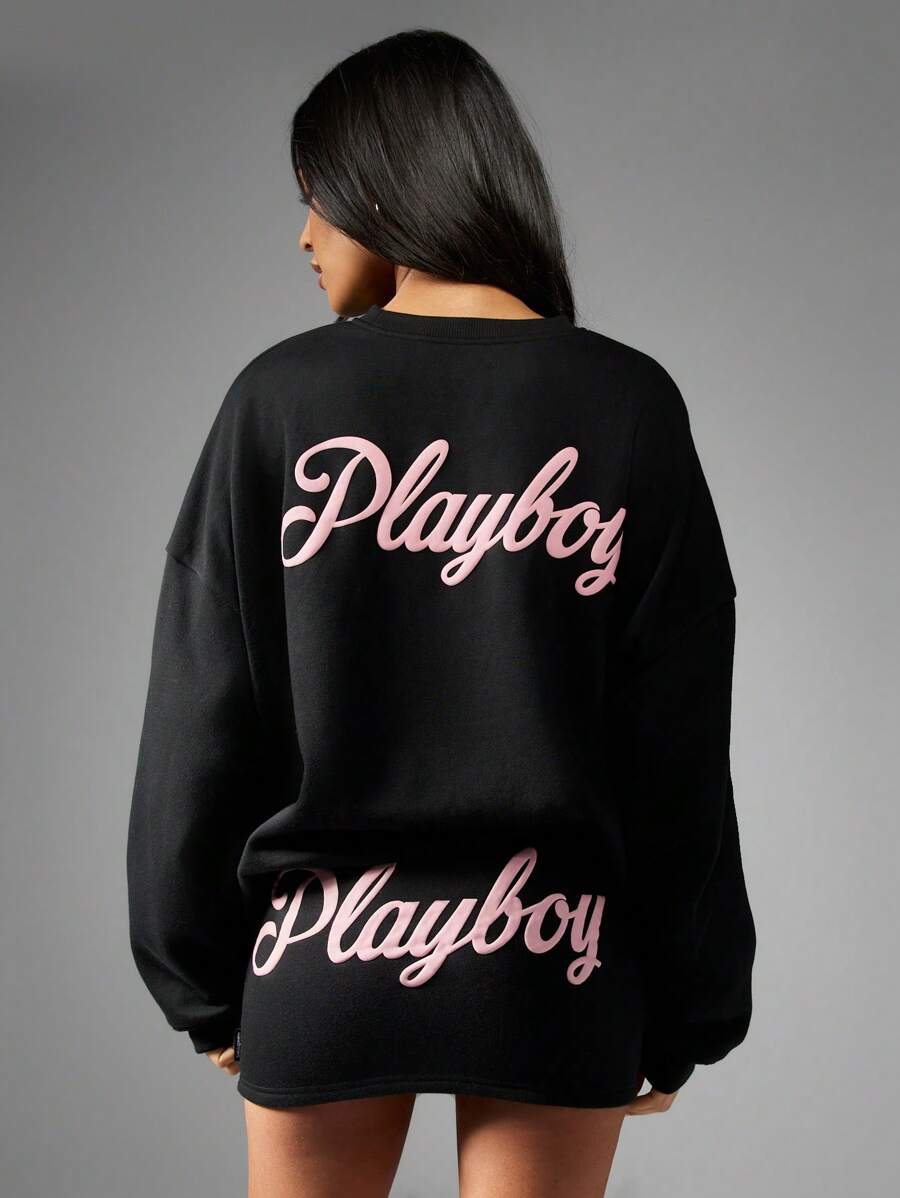 Missguided x Playboy 超大羊毛衫 个性图案 街头服饰 家居服 休闲装 舒适运动休闲装 长袖 冬季 秋季 基本款 经典款 运动风格 日常 - 黑色 - 查看 1