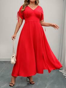 Breezaya 大码女装春夏畅销亮红色性感撩人迷人 V 领褶皱短袖迷人连衣裙，带侧开衩，适合浪漫约会、情侣度假、法式复古风格