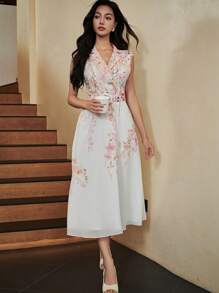 Modelyn 女士夏季优雅花卉印花无袖连衣裙