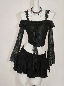 SHEIN ICON 女式露肩嬉皮波西米亚风优雅荷叶边长袖蕾丝衬衫西部风女装 - 黑色 - 查看 7