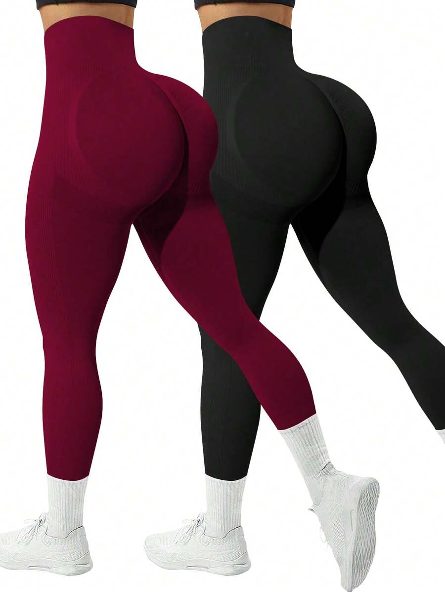 Easithlete 2pcs Solid Color High Waist Seamless Elastic Leggings Yoga Women Pants - Multicolor - View 1