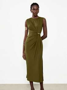 Lumivelle 女士优雅褶饰纽扣装饰宽松直筒无袖长裙