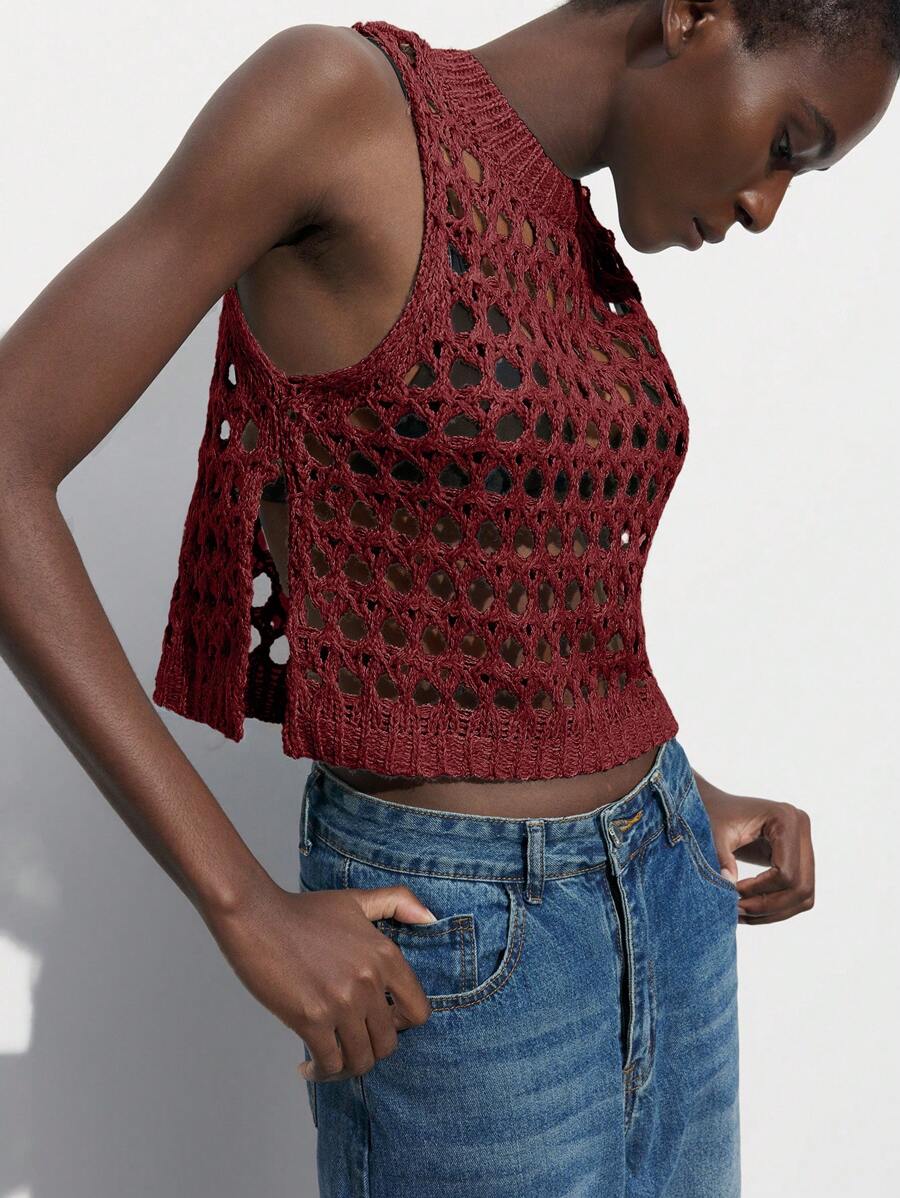 Maija Top de damas de estilo informal de vacaciones con cuello redondo, abertura lateral, corta, hollow, transparente, color rojo burdeos - Burdeos - Ver 1